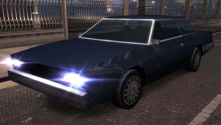 Unidentified dark blue boxy coupe traffic car in Heatwarped