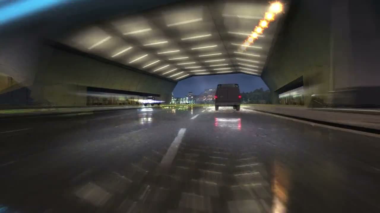 Unidentified dark cargo van under an overpass in the Heatwarped reveal trailer